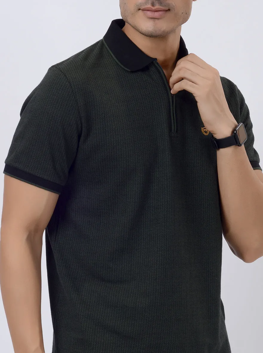 Olive Green Printed Slim Fit Polo T-Shirt | JadeBlue