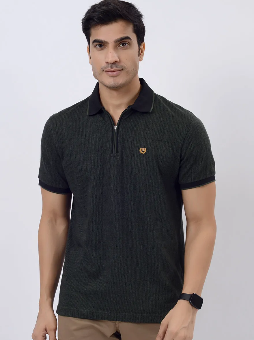 Olive Green Printed Slim Fit Polo T-Shirt | JadeBlue