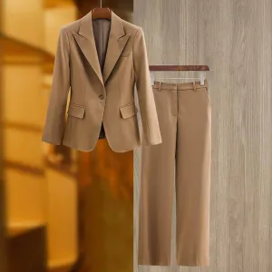 One Button Borwn Pantsuit Fitted Blazer   Mid-High Rise Trousers Pantsuit Suit Formal Wear