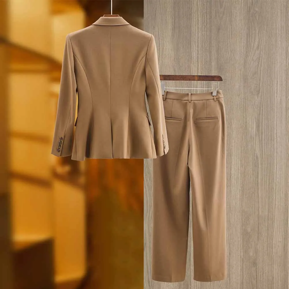 One Button Borwn Pantsuit Fitted Blazer   Mid-High Rise Trousers Pantsuit Suit Formal Wear