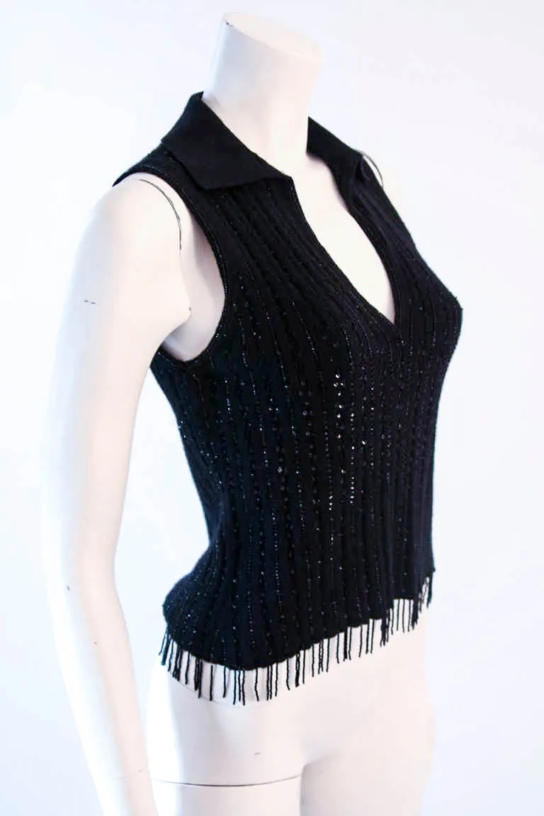 OSCAR DE LA RENTA Black Cashmere and Silk Beaded Size S