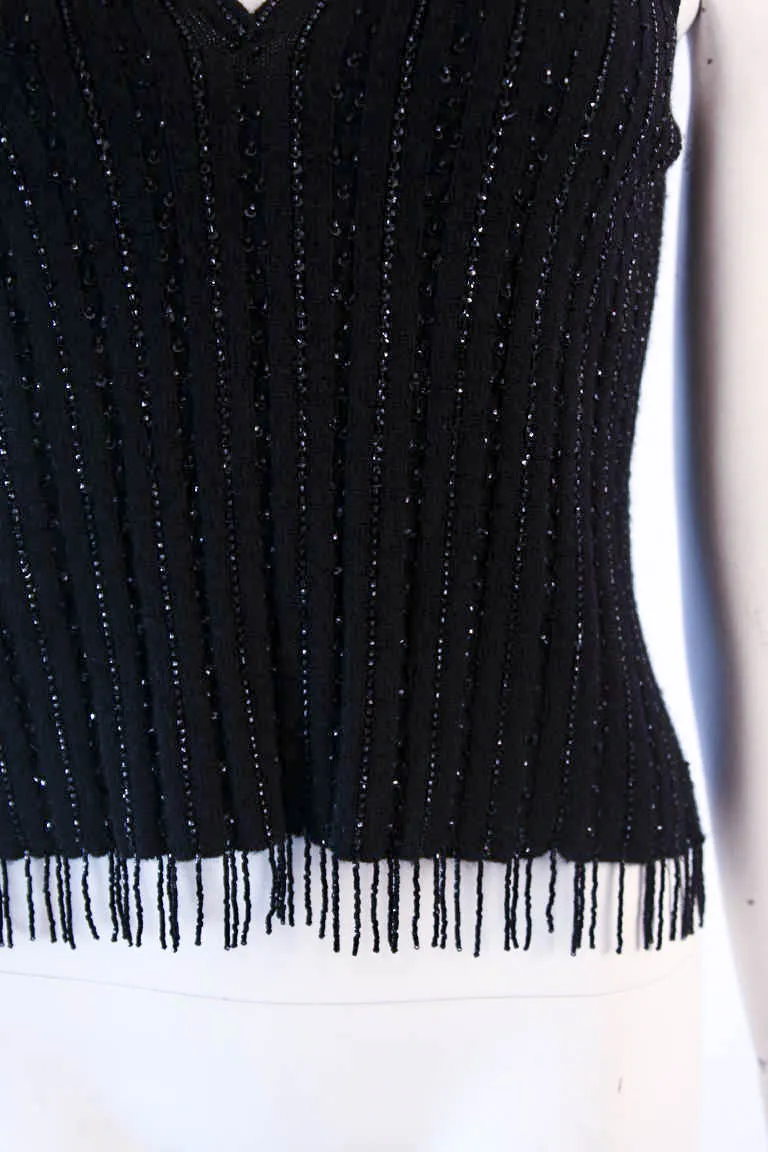 OSCAR DE LA RENTA Black Cashmere and Silk Beaded Size S