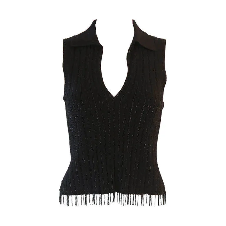OSCAR DE LA RENTA Black Cashmere and Silk Beaded Size S