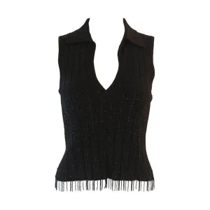 OSCAR DE LA RENTA Black Cashmere and Silk Beaded Size S