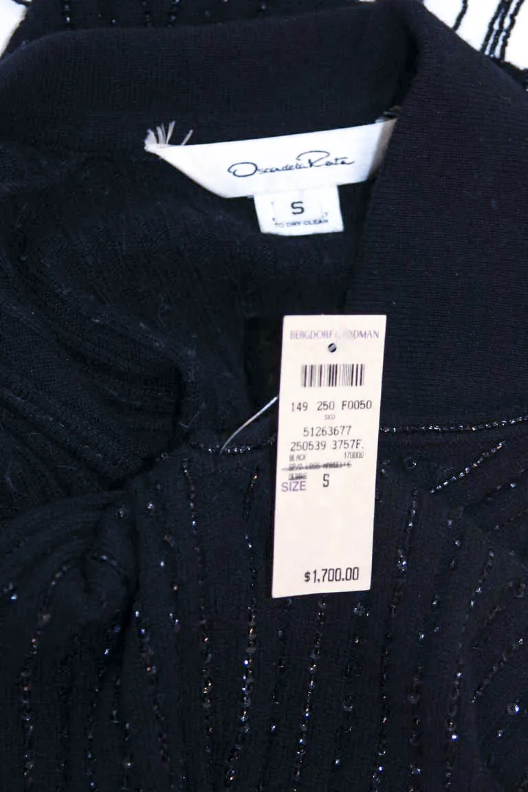 OSCAR DE LA RENTA Black Cashmere and Silk Beaded Size S
