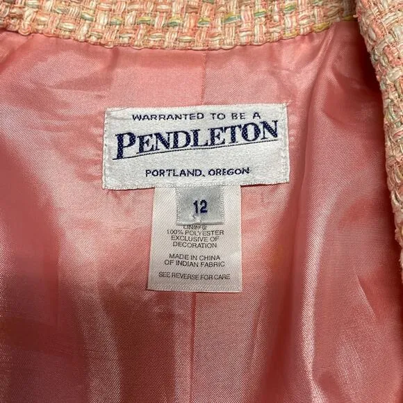 Pendleton Size 12 Silk Tweed Blazer Pink Yellow Polyester Lined Button Front