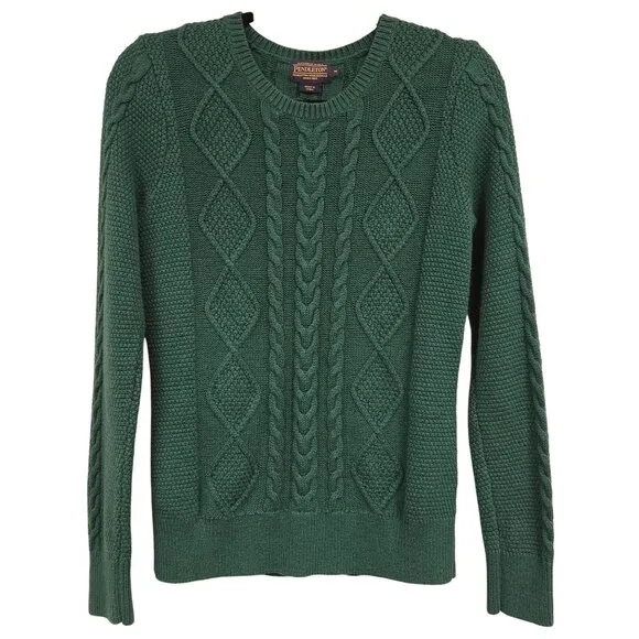 Pendleton Women's M Forrest Green Cable Knit Sweater Cotton Cashmere Blend