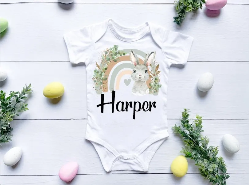 Personalised Easter Vest Or Sleepsuit - Green Rainbow