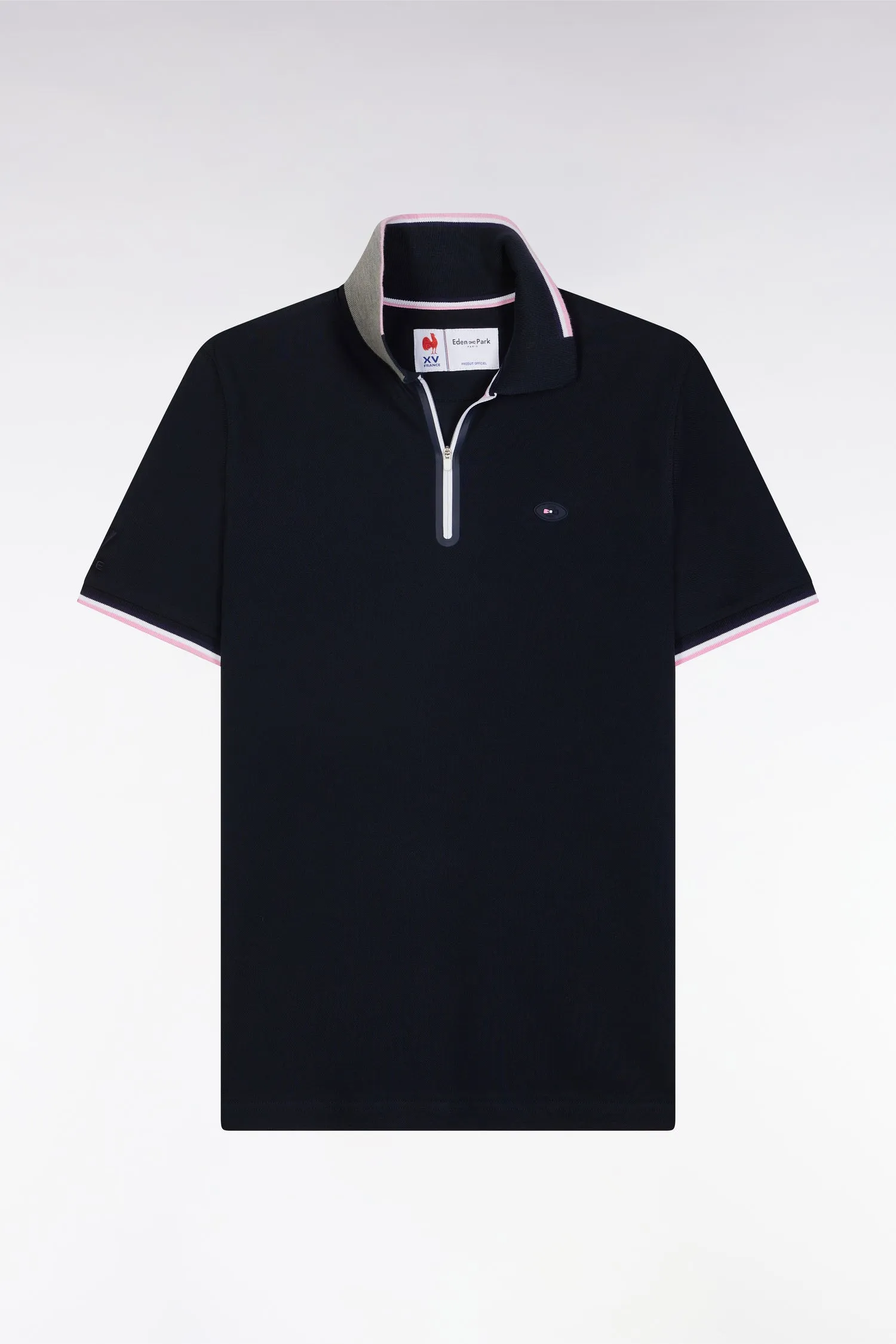 Polo à manches courtes en coton stretch marine col zippé coupe ajustée