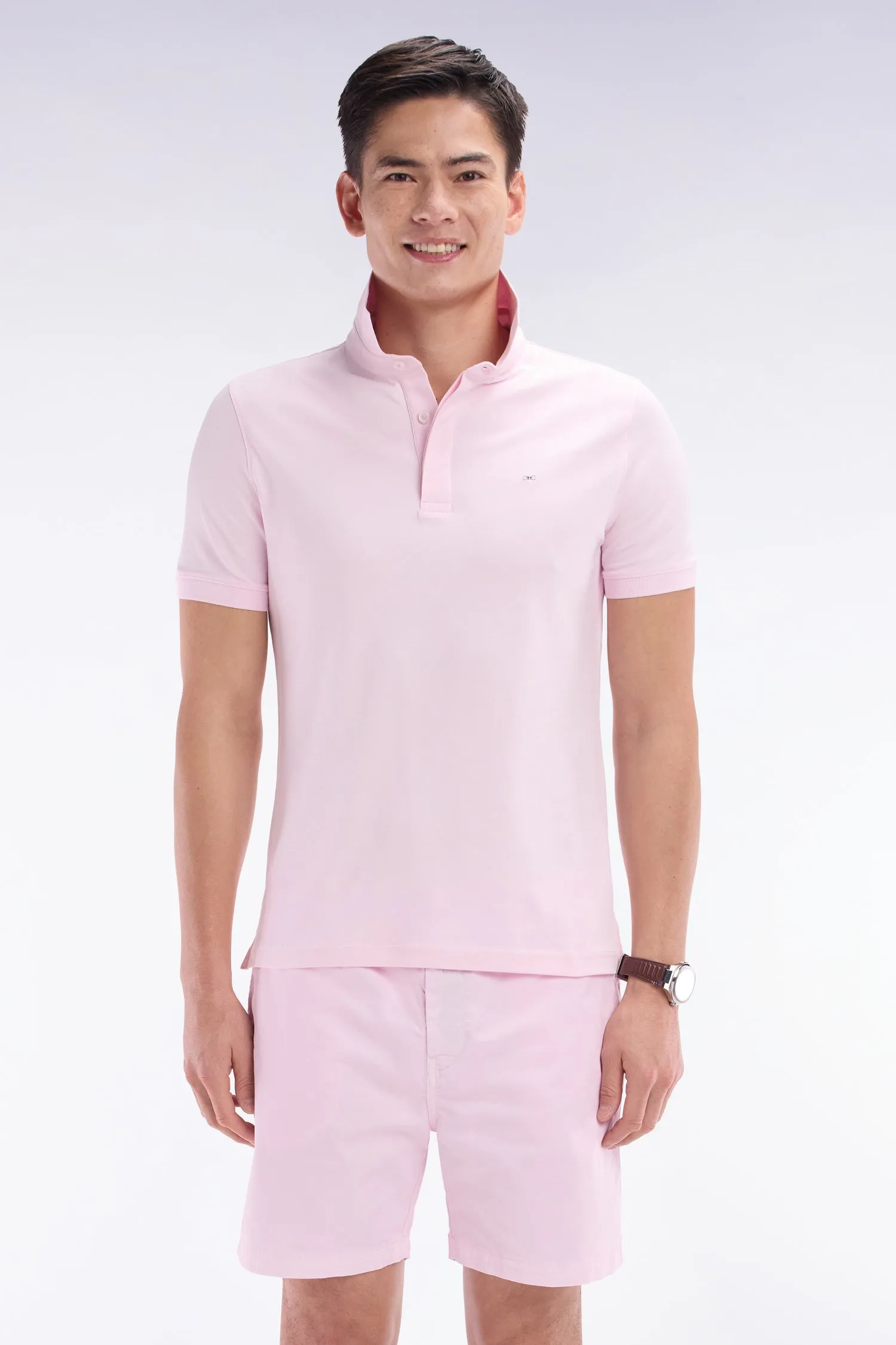 Polo à manches courtes en piqué coton stretch rose pâle coupe ajustée