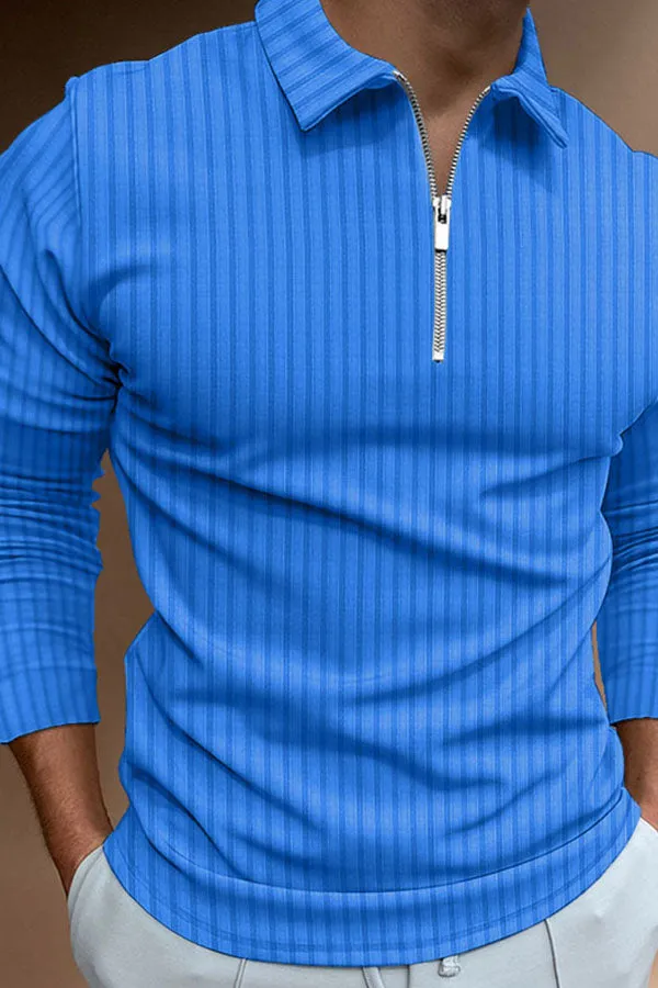 POLO Shirt Zipper Stripe Long Sleeve Men