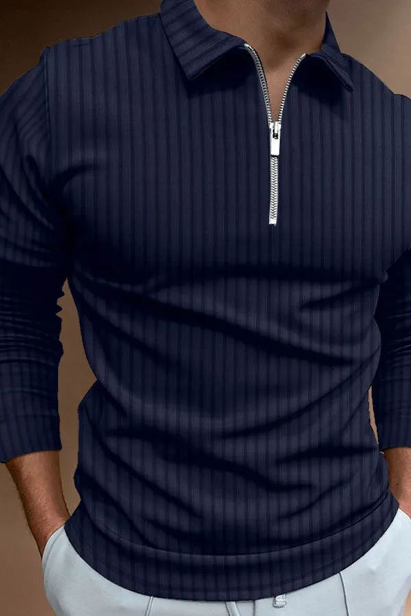 POLO Shirt Zipper Stripe Long Sleeve Men