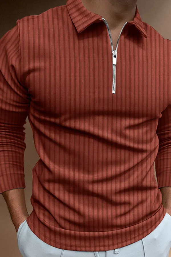 POLO Shirt Zipper Stripe Long Sleeve Men