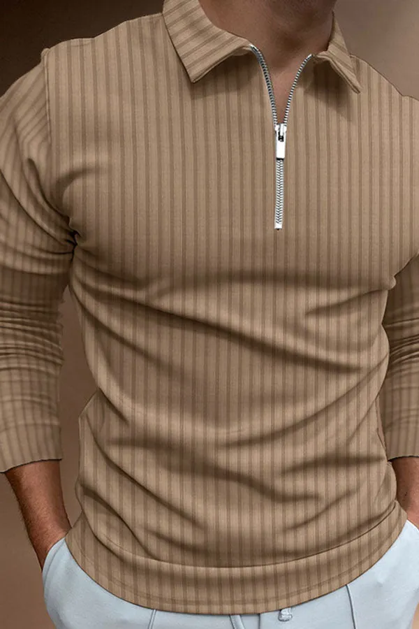 POLO Shirt Zipper Stripe Long Sleeve Men