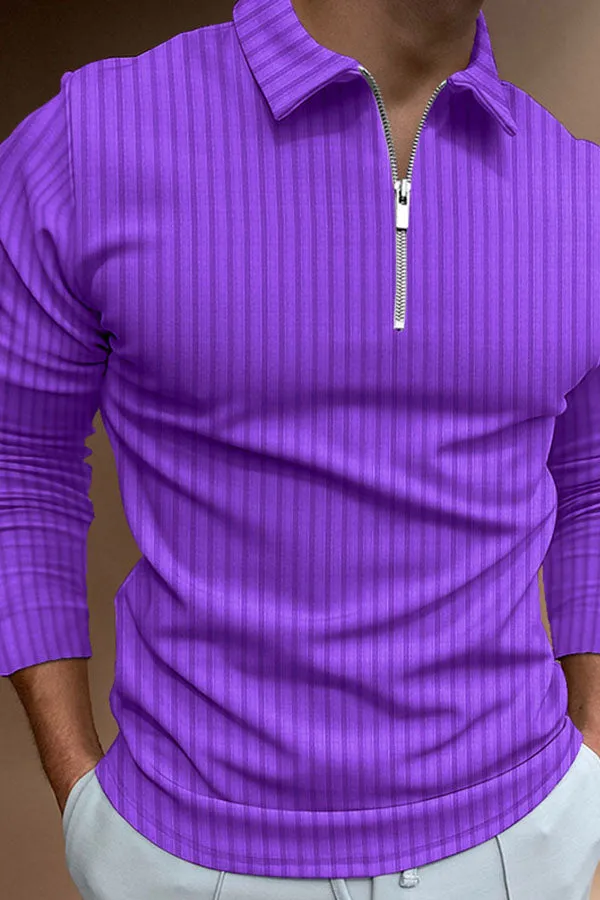 POLO Shirt Zipper Stripe Long Sleeve Men