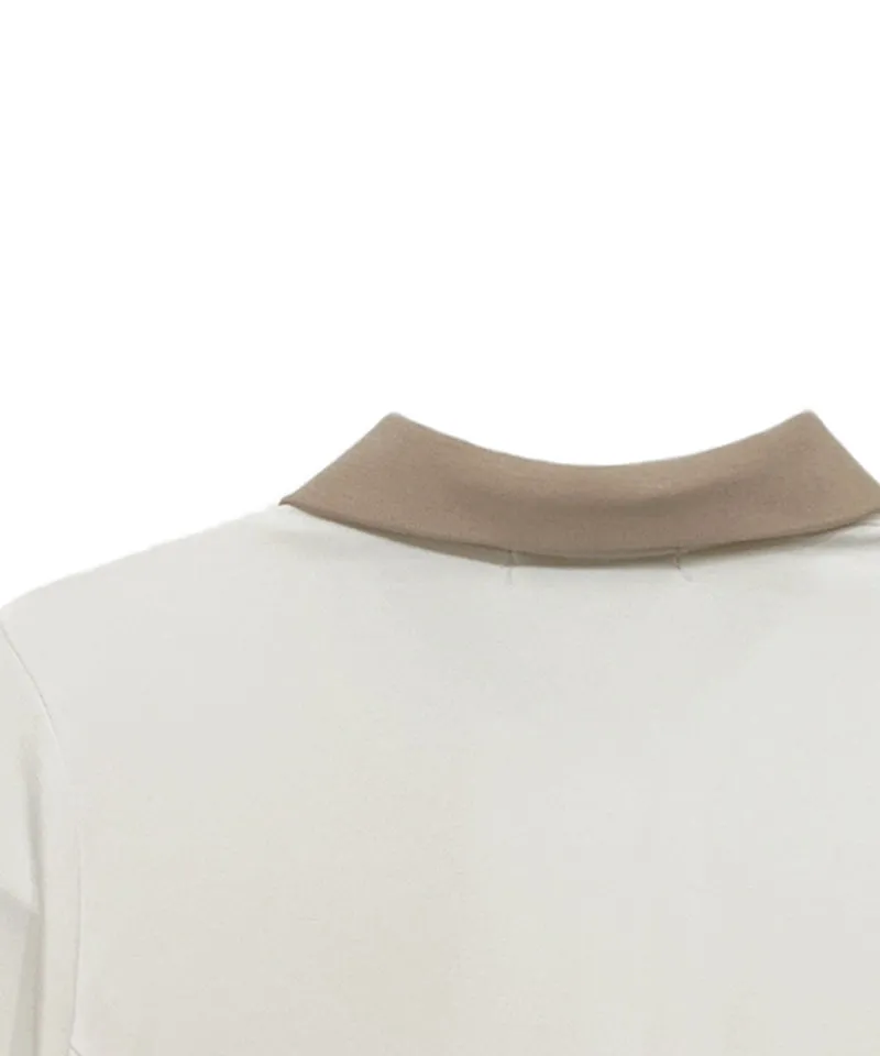 Q.C PLAY: Lettering Color Blocking Collar Slim Fit Long Sleeve T-Shirt - Ivory