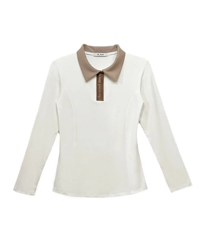 Q.C PLAY: Lettering Color Blocking Collar Slim Fit Long Sleeve T-Shirt - Ivory