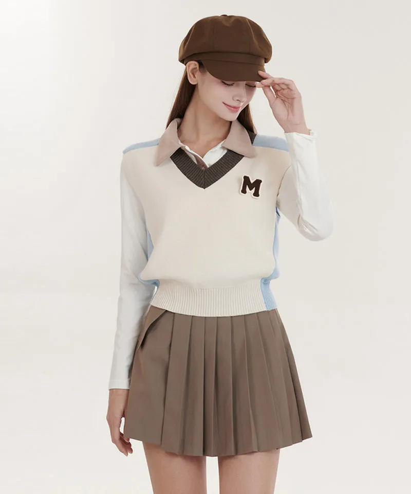 Q.C PLAY: Lettering Color Blocking Collar Slim Fit Long Sleeve T-Shirt - Ivory
