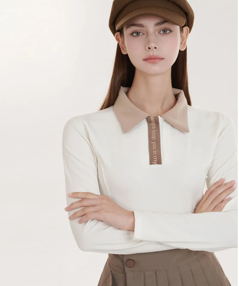 Q.C PLAY: Lettering Color Blocking Collar Slim Fit Long Sleeve T-Shirt - Ivory