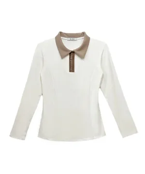 Q.C PLAY: Lettering Color Blocking Collar Slim Fit Long Sleeve T-Shirt - Ivory