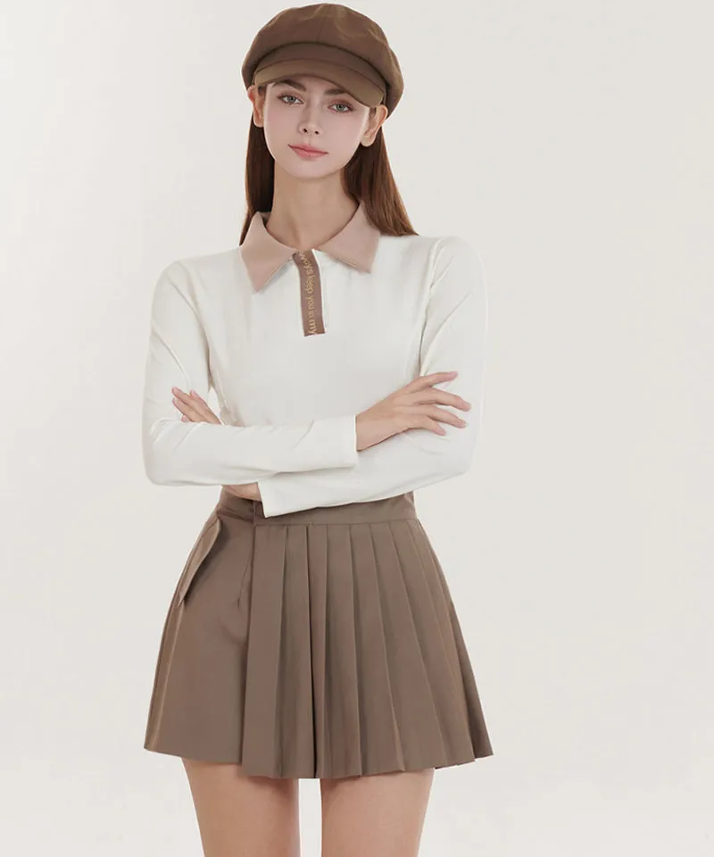 Q.C PLAY: Lettering Color Blocking Collar Slim Fit Long Sleeve T-Shirt - Ivory