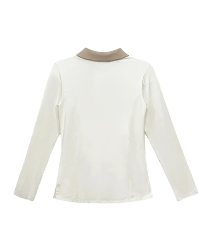 Q.C PLAY: Lettering Color Blocking Collar Slim Fit Long Sleeve T-Shirt - Ivory