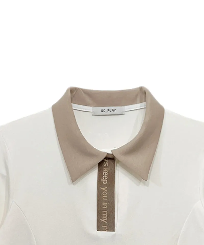 Q.C PLAY: Lettering Color Blocking Collar Slim Fit Long Sleeve T-Shirt - Ivory