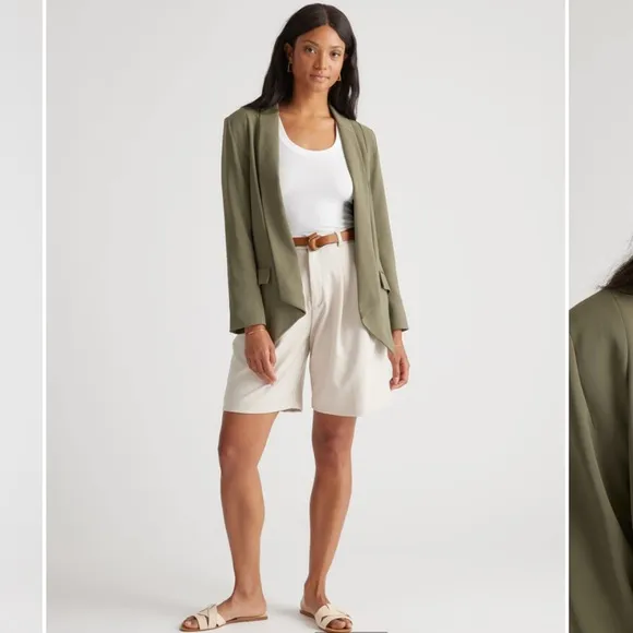QUINCE Stretch Crepe Open Blazer Shawl Collar Olive Green Tailored Large NEW