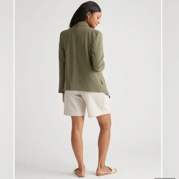QUINCE Stretch Crepe Open Blazer Shawl Collar Olive Green Tailored Large NEW