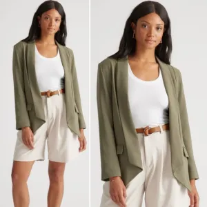 QUINCE Stretch Crepe Open Blazer Shawl Collar Olive Green Tailored Large NEW