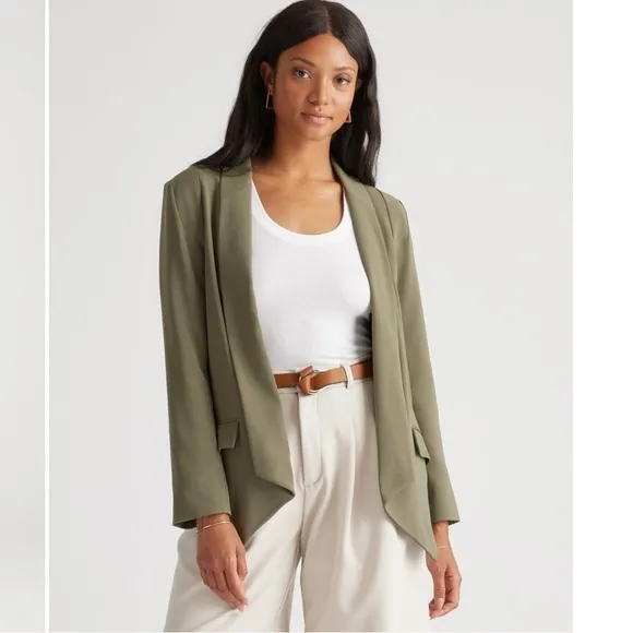 QUINCE Stretch Crepe Open Blazer Shawl Collar Olive Green Tailored Large NEW