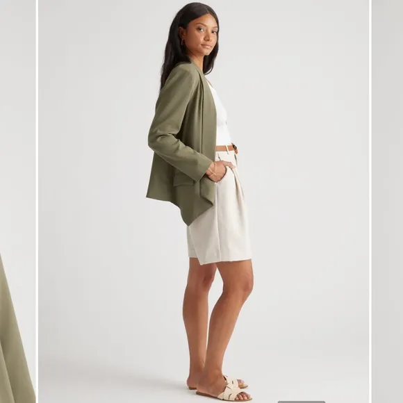 QUINCE Stretch Crepe Open Blazer Shawl Collar Olive Green Tailored Large NEW