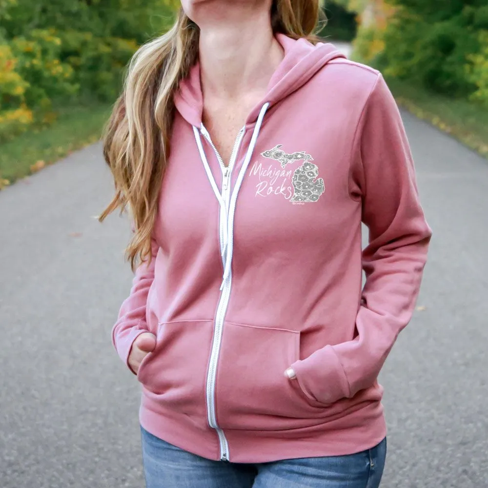 "Michigan Rocks Petoskey Stone" Relaxed Fit Angel Fleece Full Zip Unisex Hoodie