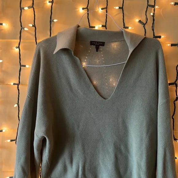 Rag &amp; Bone Amy Knit Relaxed V-Neck Polo Tunic Sweater in Light Green siz…