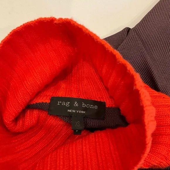 Rag &amp; Bone Two Tone Color  Turtle Neck Ribbed Sweater Black &amp; Orange Size XSmall