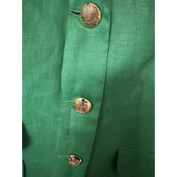Ralph Lauren Women's 100% Linen Green Blazer Size 8 St Patrick’s Crested Buttons