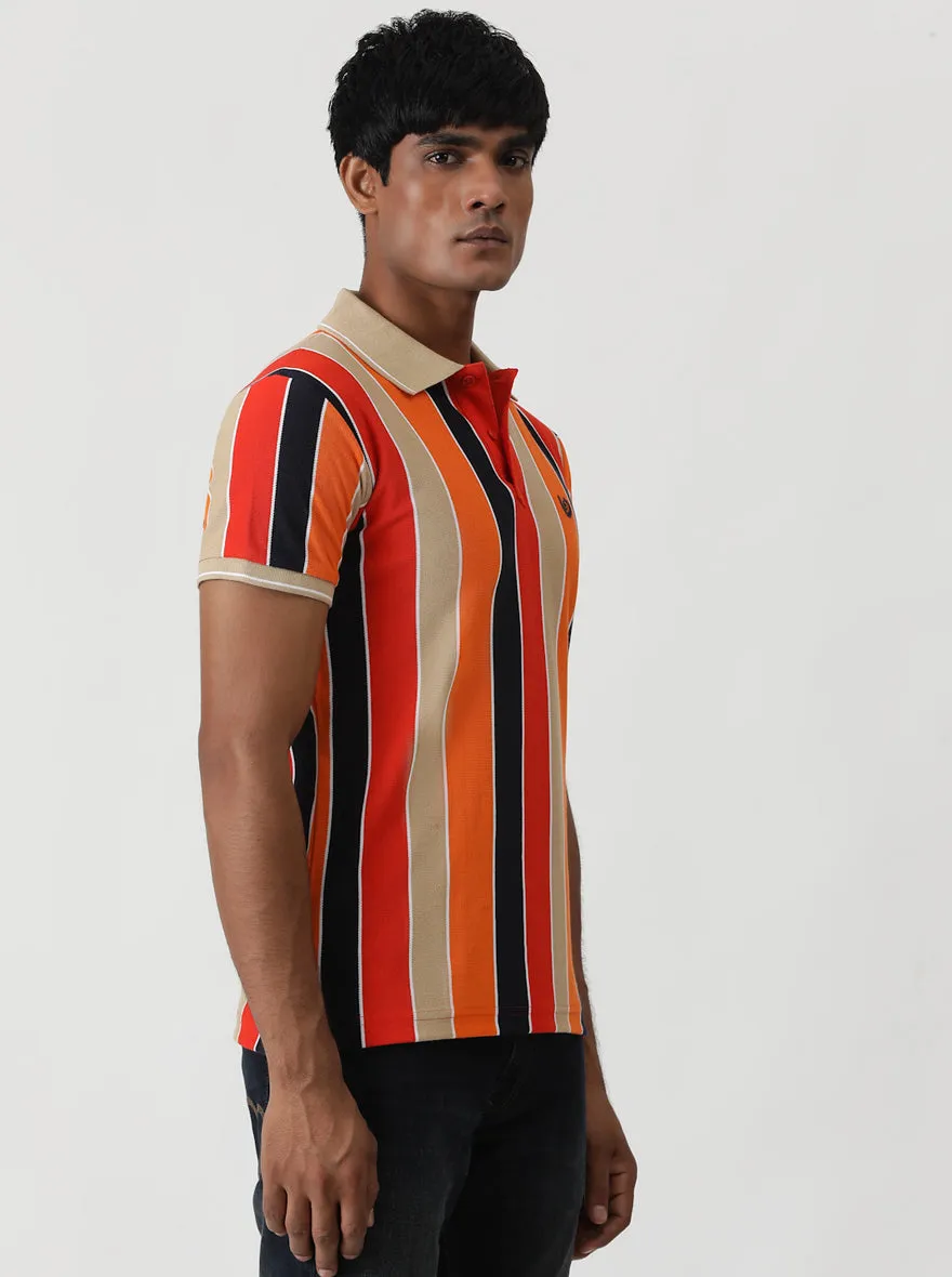 Red & Orange Striped Slim Fit Polo T-Shirt | Greenfibre