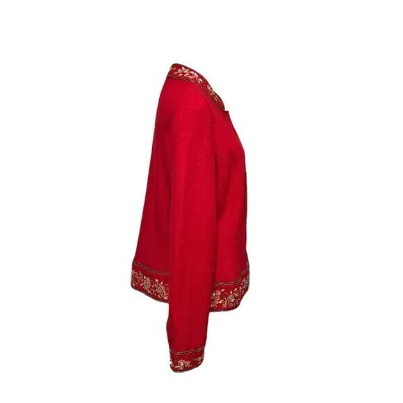 Red Wool Jacket Blazer‎ Ethnic Bohemian Button Down Sequin Embroidery Sz…