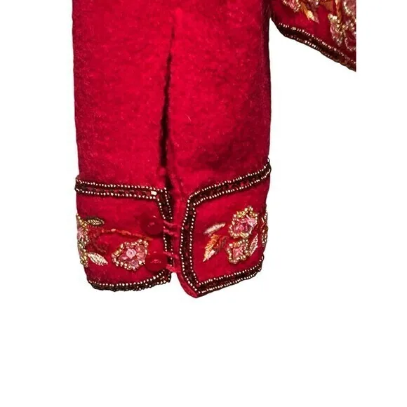 Red Wool Jacket Blazer‎ Ethnic Bohemian Button Down Sequin Embroidery Sz…