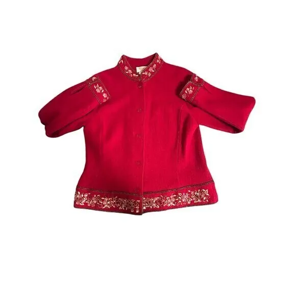 Red Wool Jacket Blazer‎ Ethnic Bohemian Button Down Sequin Embroidery Sz…