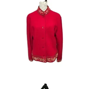 Red Wool Jacket Blazer‎ Ethnic Bohemian Button Down Sequin Embroidery Sz…