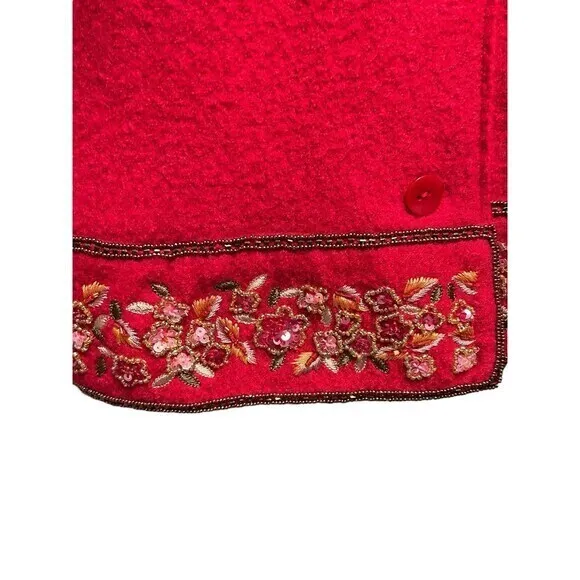 Red Wool Jacket Blazer‎ Ethnic Bohemian Button Down Sequin Embroidery Sz…