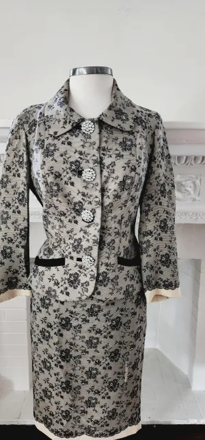 Retro 50s Style Skirt Suit Tracy Reese Black Lace Print M