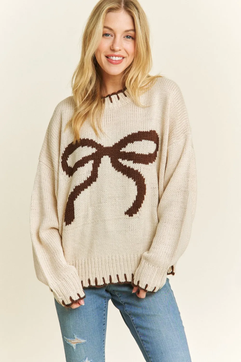 Ribbon Sweater w/ Stitching Hem- CREAM