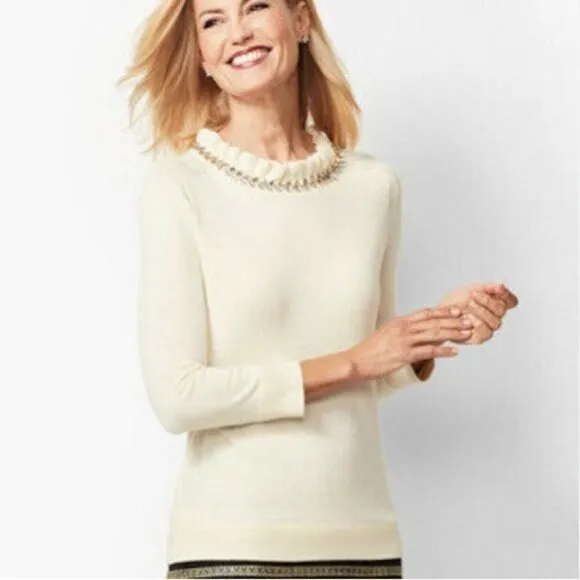 RSVP by Talbots Crystal Embellished Cashmere Sweater Cream Size Small Petite NWT