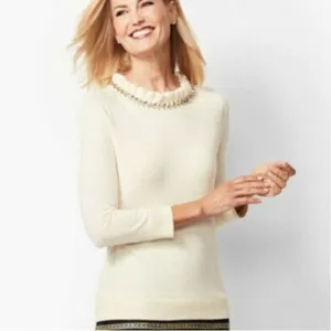 RSVP by Talbots Crystal Embellished Cashmere Sweater Cream Size Small Petite NWT