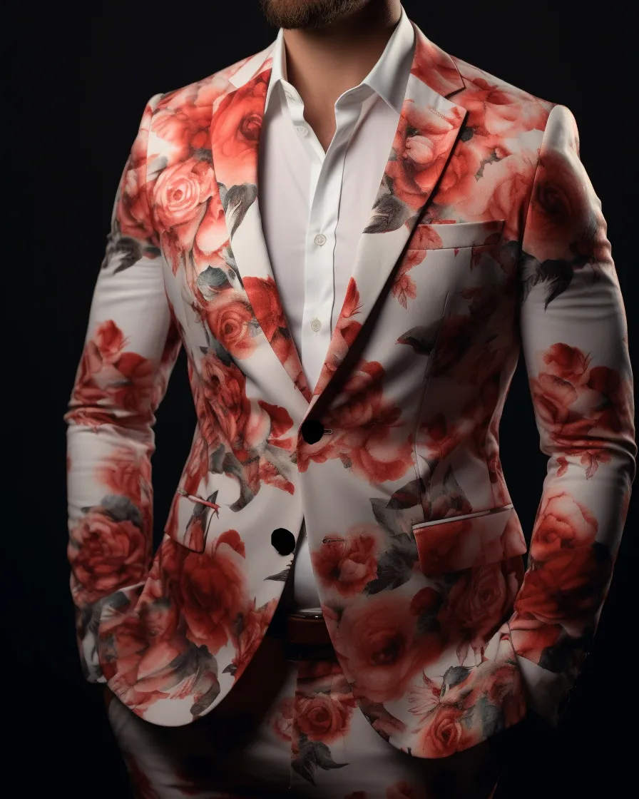 Rulercosplay Flame Mens 2 Piece Print Suit Floral Dress Jacket Slim 2 Button Blazer Pants For Party