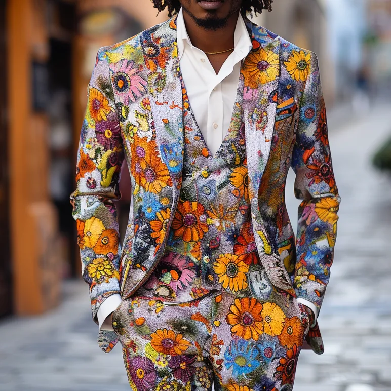 Rulercosplay Flame Mens 2 Piece Print Suit Floral Dress Jacket Slim 2 Button Blazer Pants For Party
