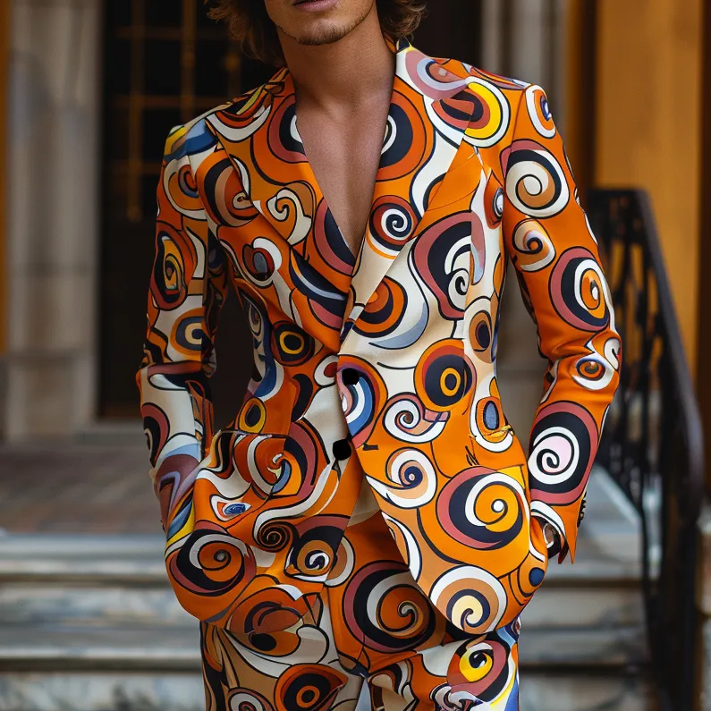 Rulercosplay Flame Mens 2 Piece Print Suit Floral Dress Jacket Slim 2 Button Blazer Pants For Party