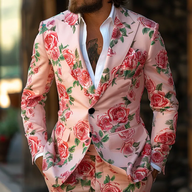 Rulercosplay Flame Mens 2 Piece Print Suit Floral Dress Jacket Slim 2 Button Blazer Pants For Party